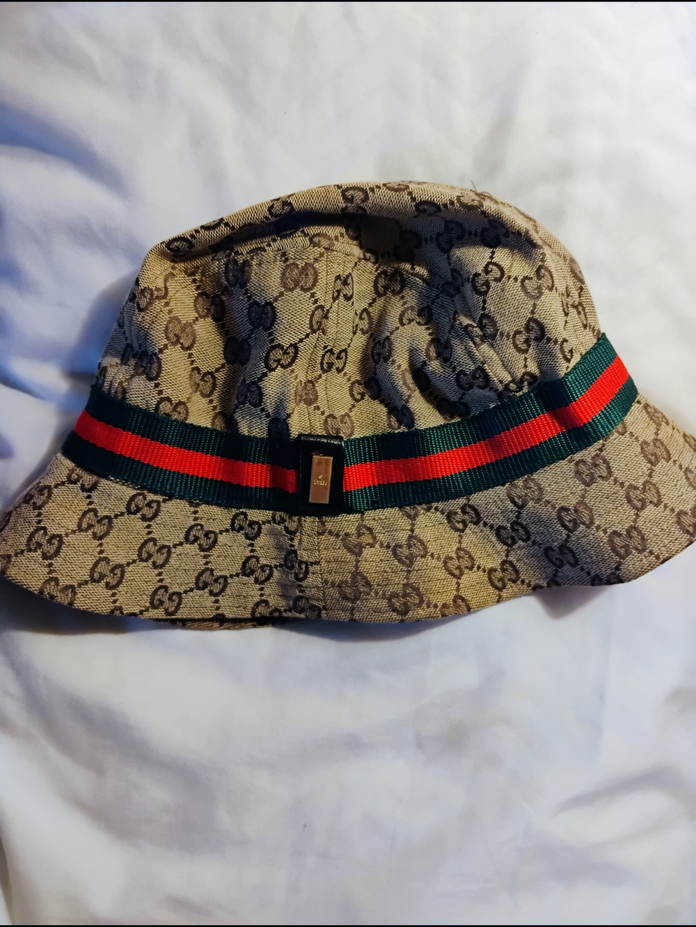 Gucci Beige Monogram Bucket Hat with Red & Green Stripe